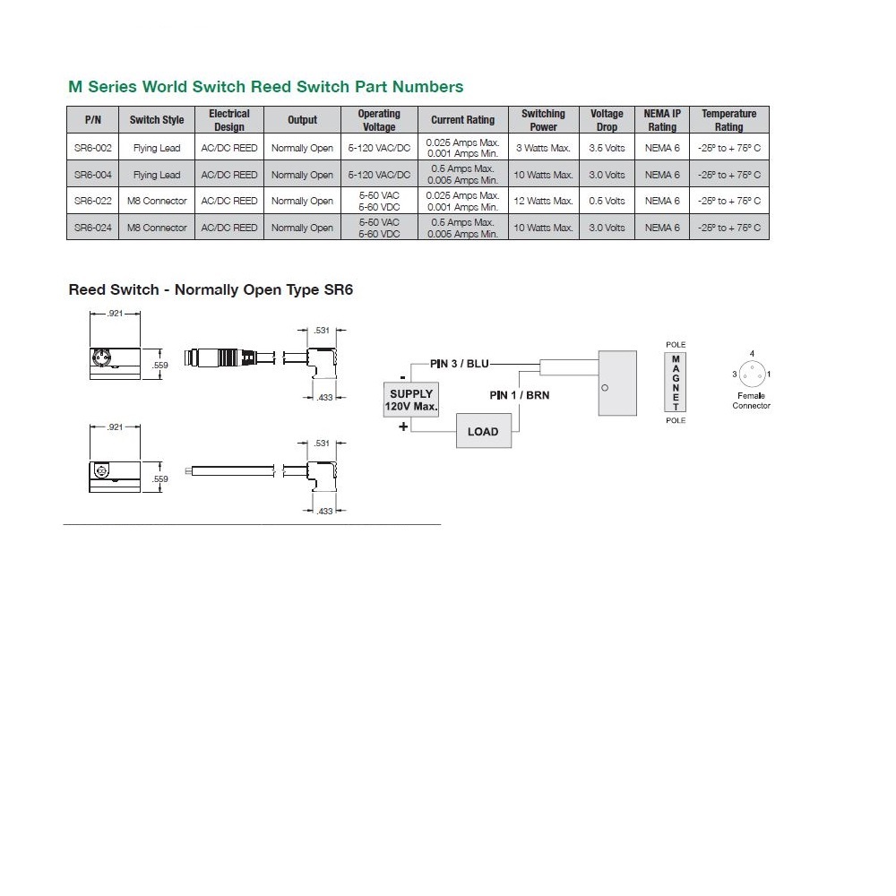 SR6-004 NUMATICS/AVENTICS CYLINDER SWITCH<BR>REED, 5-120AC/DC, 3M LEAD